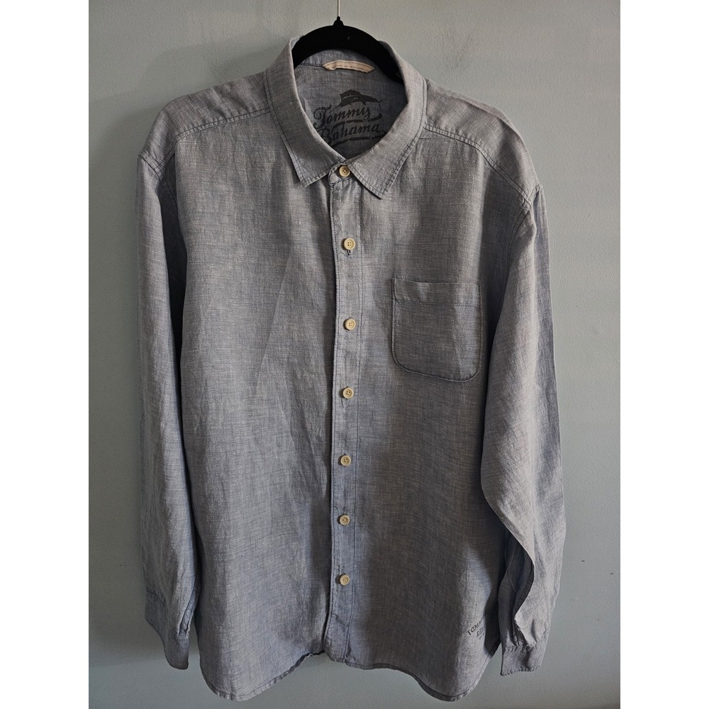 Tommy Bahama XL Blue Chambray 100% Linen‎ Button Long Sleeve Shirt Resort
